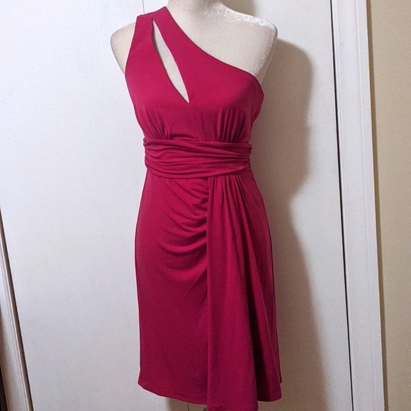 Max & Cleo Dresses & Skirts - RARE Max & Cleo Berry Pink One Shoulder Dual Slash opening Gather Sheath